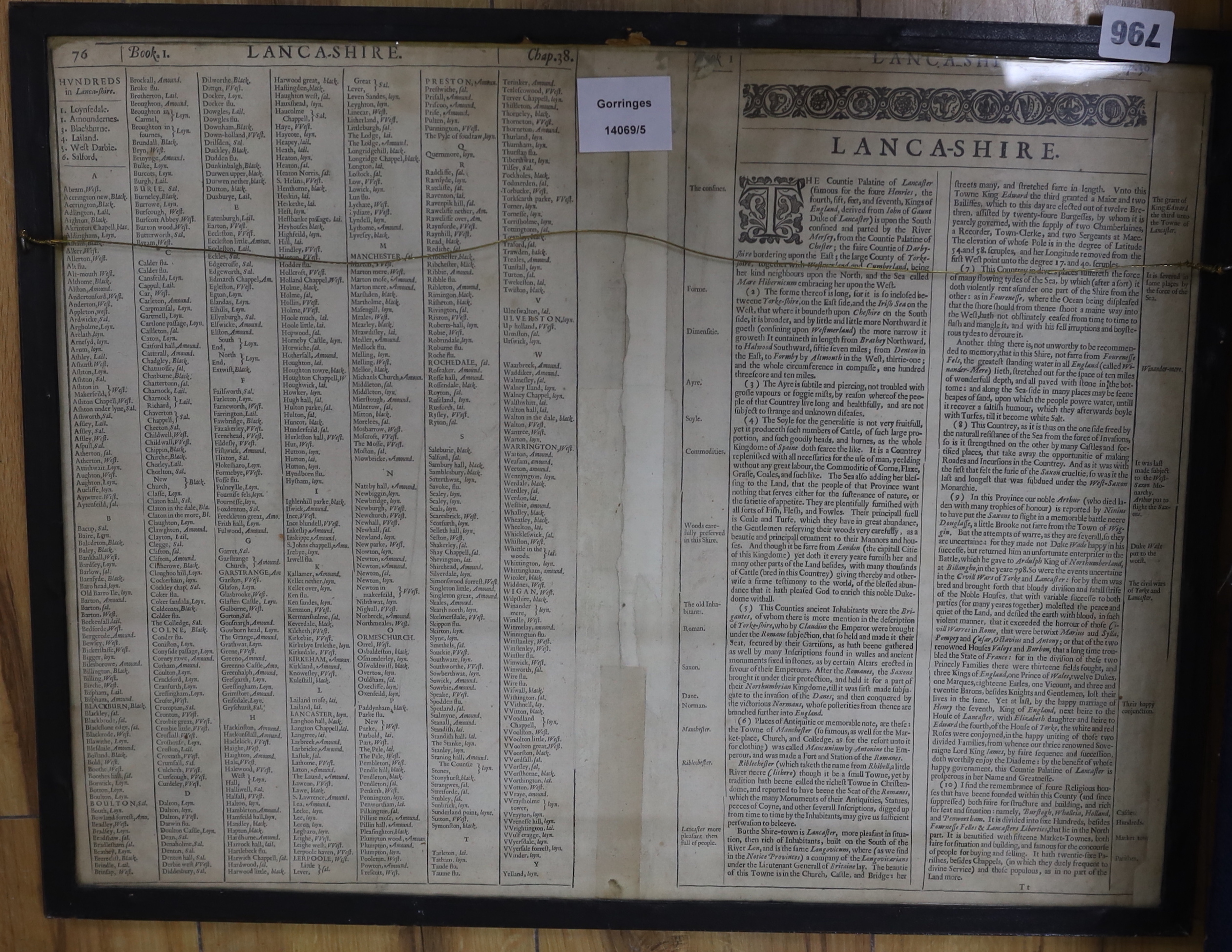 After John Speed (1552-1629), hand-coloured engraved map, ‘The Countie Palletine of Lancaster Described and Divided into Hundreds’, 1610, text verso, 53 x 40cm
